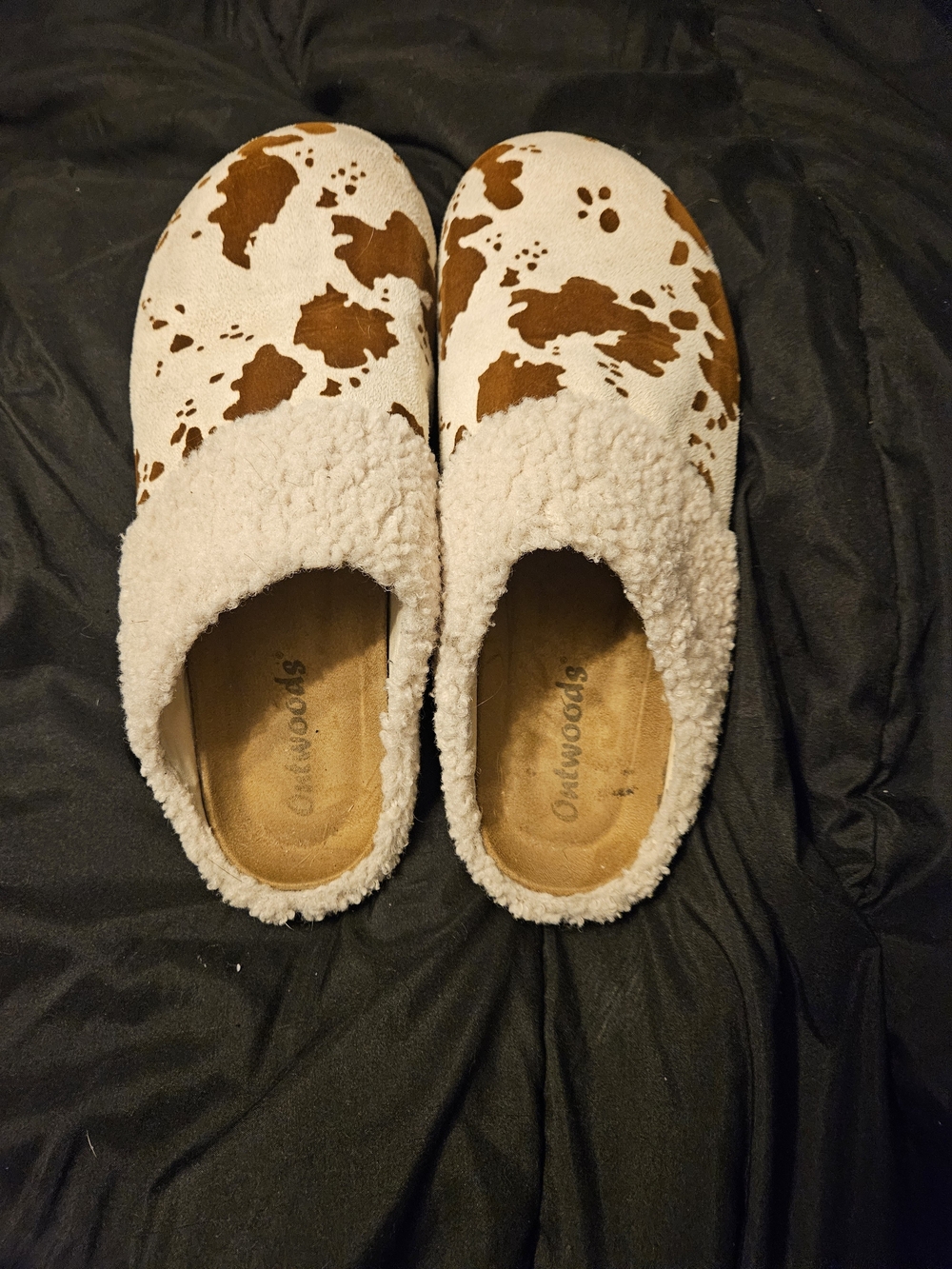 Boutique Cow-Print Sherpa Mules in White and Brown